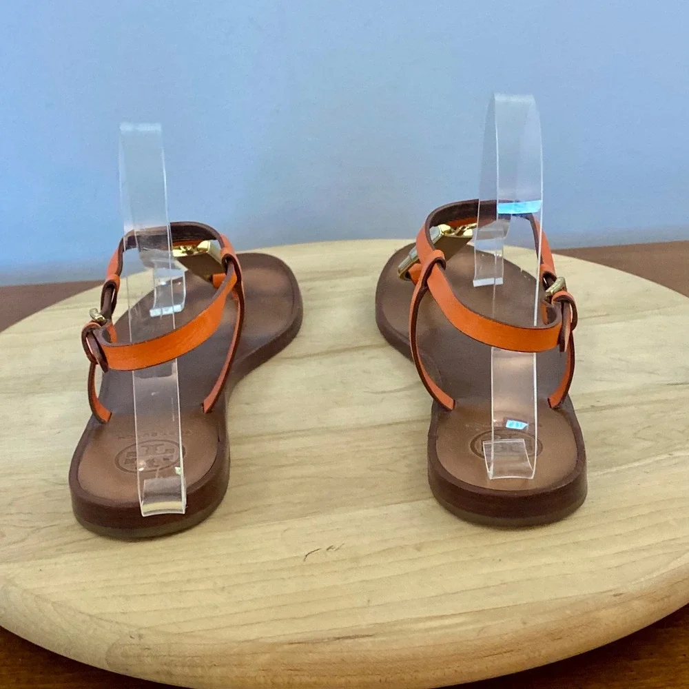 Tory Burch Padlock Orange Leather T-Strap Thong Flat Sandals Sz 6 M Gold-Tone